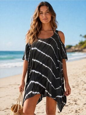 Indah Black & White Tie-Dye Cold-Shoulder Beach Coverup